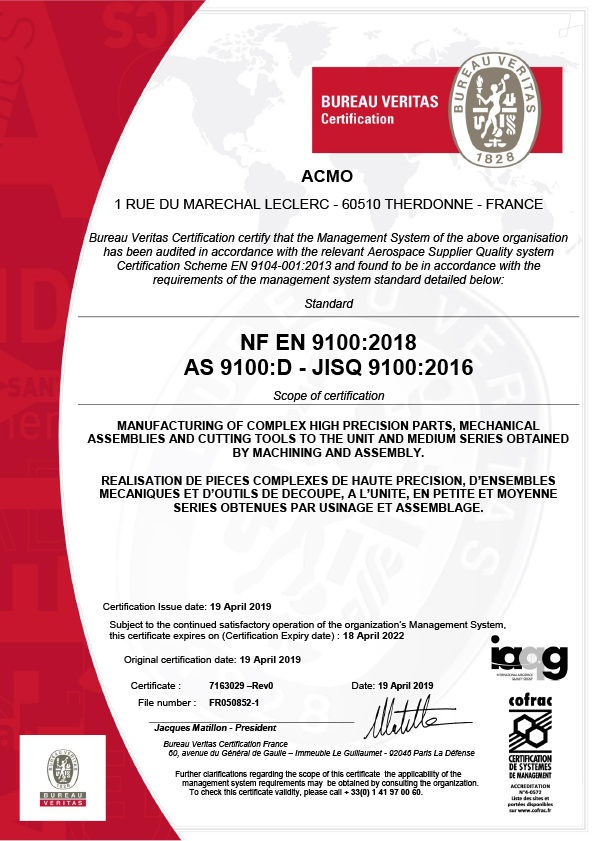 Certification ISO9001 et EN9100 – Acmo précision